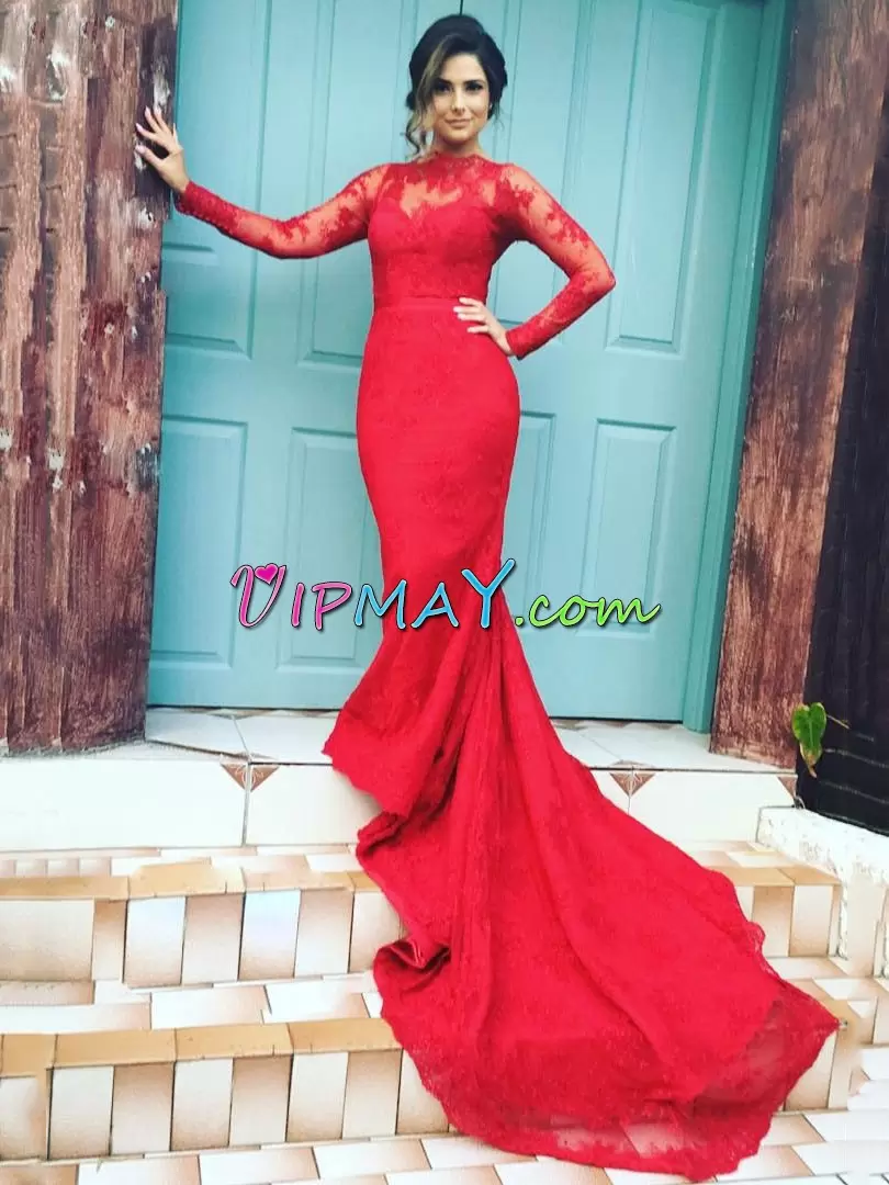 red prom dress,prom dress with long sleeves,illusion mermaid prom dress,illusion prom dress,illusion prom dress with train,see though prom dress,beautiful long train prom dress,red evening dress,illusion evening dresses,illusion evening dress with train