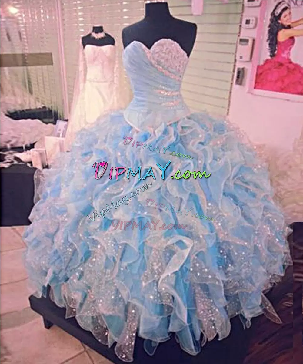 Sweetheart Sleeveless Organza Sweet 16 Quinceanera Dress Ruffles and Sequins Lace Up